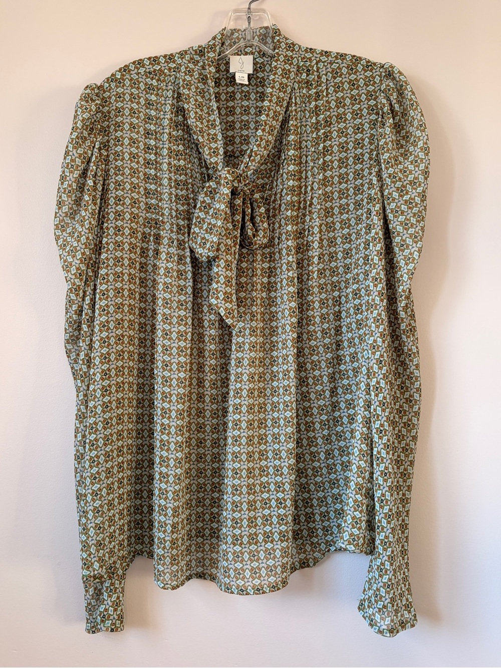 Joie Pleated Geometric Print Tie Neck Blouse Large L